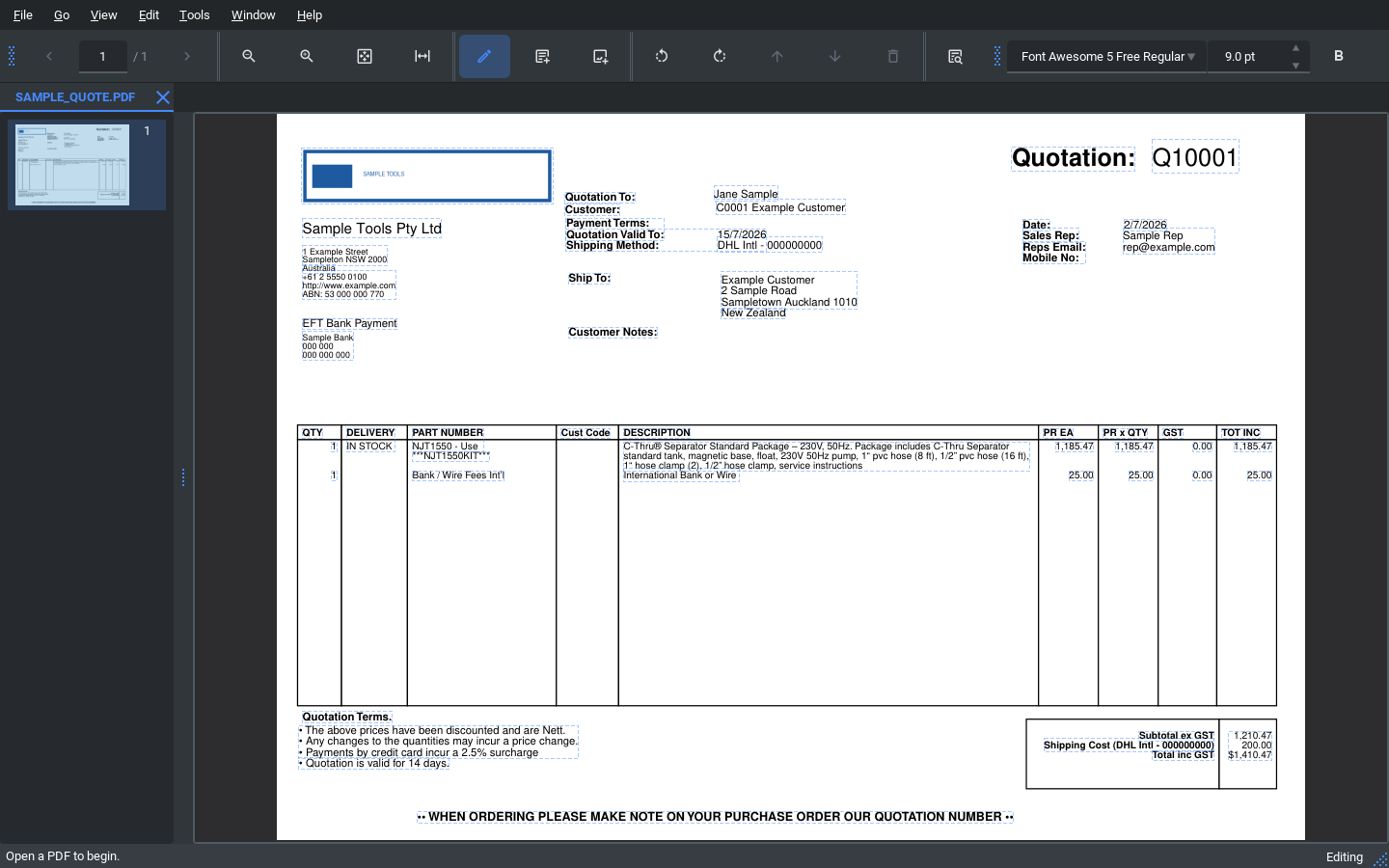Editing PDF text and images in place, with editable regions outlined